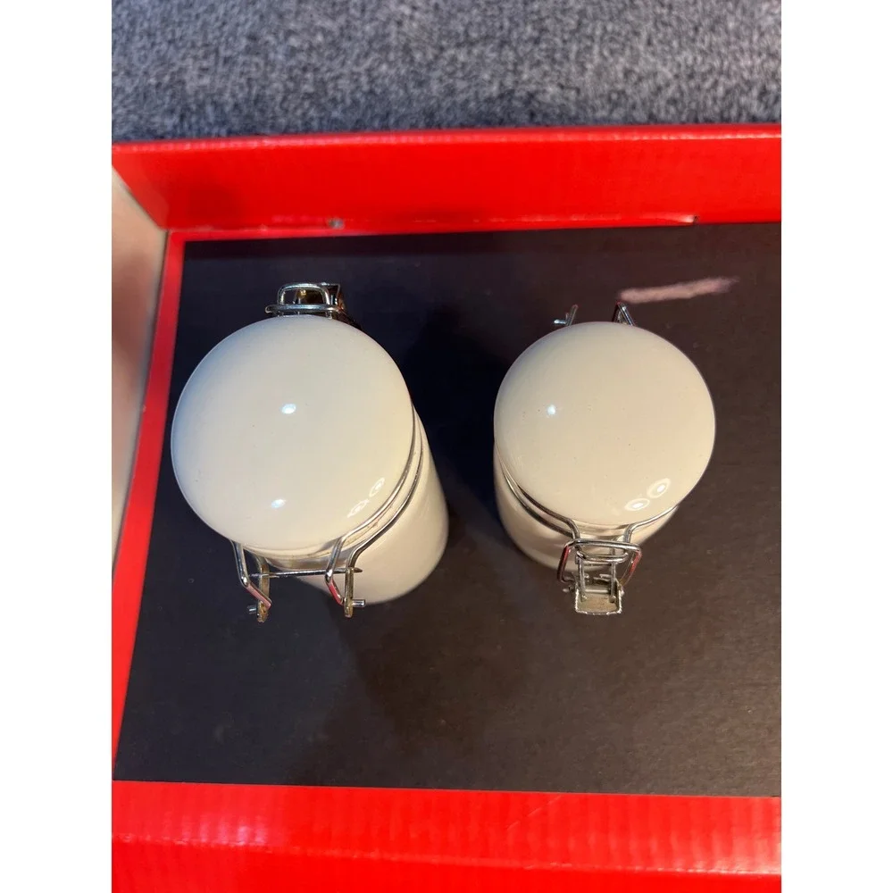 Oggi White Ceramic Canister Set of 2 Airtight Locking Metal Bail Jars Minimalist